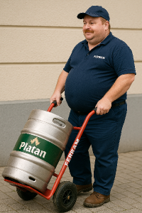 Potřebuji udělat dělníka s rudlíkem který veze sud piva a větší břich pivní pupek a aby tam byly názvy Platan a Ferram