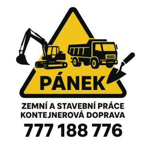 zemní a stavební práce kontejnerová doprava Pánek 777188776 logo triangl bagr, nákladní auto a zednicka lzice