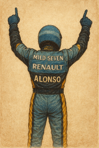 Vintage malůvka oslavy fernanda alonsa v jeho racing suit z roku 2005 s prsty ukazující do vzduchu z pohledu ze zadu.