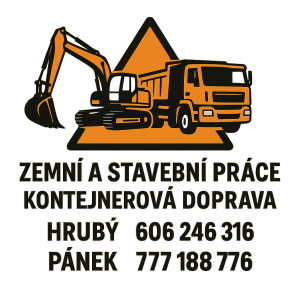 zemní a stavební práce kontejnerová doprava Hrubý 606246316 Pánek 777188776 logo triangl bagr, nákladní auto a lzice