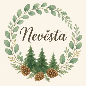 Nápis "Nevěsta" v eukaliptovém kruhu s prvky lesa, ve slavnostním duchu