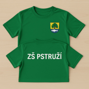 Zelený dres vzadu nápis ZŠ PSTRUŽÍ a ve předu na levém prsu znak obce Pstruží