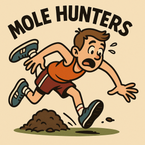 Běžec padá po zakopnutí, směrem dolů padá ale nedopad, humorný cartoon pro název běžeckého tým "Mole hunters"