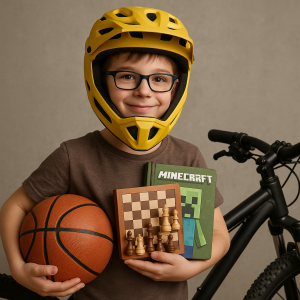 Kluk 8 let, obdelnikove bryle cerne a modre pacicky, basketbalovy mic, šachy, Minecraft, MTb bike, zluta integralni helm
