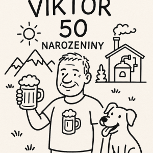 Viktor - 50 narozeniny. Má rad hory a psy, vlastní pivovar. Jednoduchý obrazek kreslený