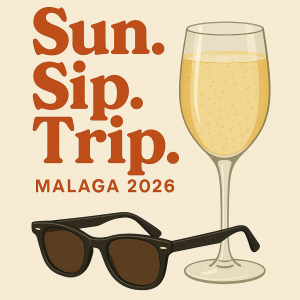 nápis Sun.Sip.Trip., Malaga 2026, sklenka prosecco, sluneční brýle