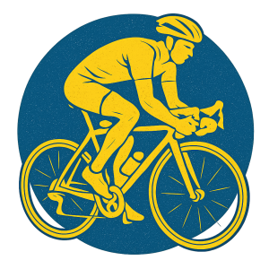 Illustration of a cyclist, entirely in yellow. On a blue circle. No background