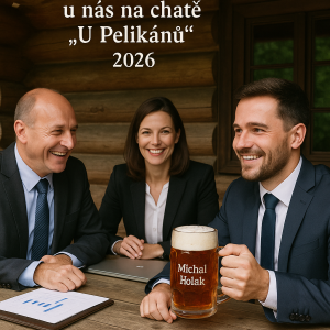 setkání obchodních partnerů u nás na chatě "U Pelikánů". Uvést rok 2026 a jméno majitele půllitru - Michal Holák