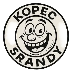 Humorný černobílý smajlík. Okolo obrázku nápis Kopec srandy.
