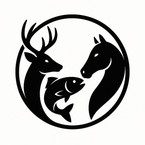 Minimalist vector logo, black and white silhouette, deer head, fish and horse head, circular frame, white background