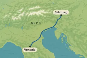 Mapa trasy z Venezie do Salcburku a na pozadí Alpy a pod nimi moře