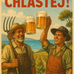 Farmáři v Itálii u moře s pivem a heslem chlastej!