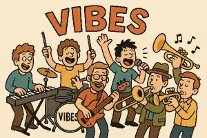 Humorný muzikanti: klávesák,bicmen,kytarista, baskytarista, kytarista s mikrofonem,Pozounista, trumpetista. Název:VIBES