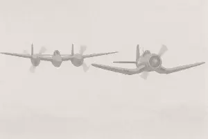 Světle šedou siluetu p 38 Lightning a f 4u corsair letící ve skupině proti nám