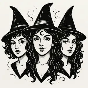 černobílý kreslený obrázek ve stylu tetování, hlavy 3 mladých čarodějnic, jedna má kratší vlasy