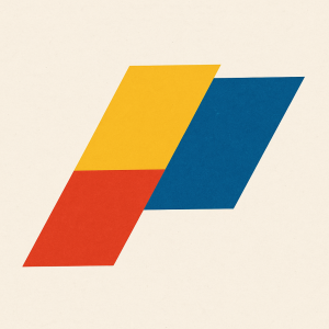 Three random parallelograms, one red, one yellow, one blue. All connected and slightly overlapping