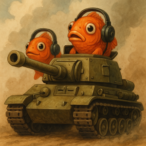 Two fish driving armored tank