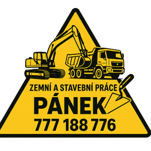 Zemní a stavební práce Pánek 777 188 776V logo ať je pásový bagr, nákladní auto a zednická lžíce, logo do trojuhelniku