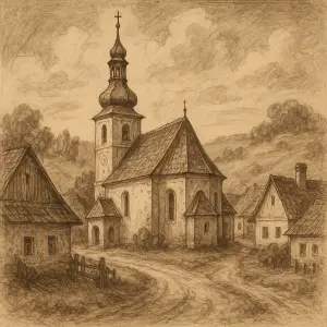 vintage vekovská obec s kostelíkem