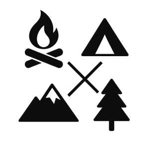 Symbol ohně, stanu, hory a stromu. Jednoduchá úprava. Roděleno písmenem X a v každém volném políčku jeden symbol