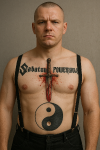 Na pravém prsu logo skupiny Sabaton, na levém prsu Powerwolf, uprostřed zkrvavený meč, skinhead, a na břiše jin jang