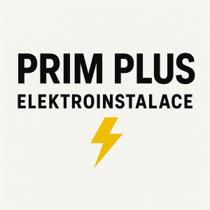 Nápis PRIM PLUS vedle sebe pod tím elektroinstalace blesk dát na střed pod elektroinstalace