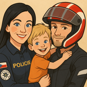 máma černý dlouhý vlas policie ČR modré oči úsměv výrazné tváře syn blond objímá táta závod motorkář kreslený portrét