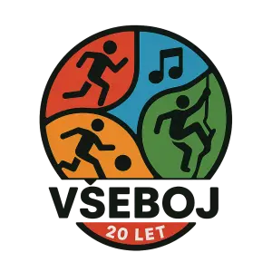 Logo sportovně kulturní akce s názvem Všeboj, která slaví dvacáté výročí. Akce se vyznačuje extrémní pestrostí aktivit.