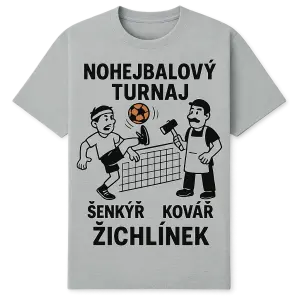 navrhni mi vtipný grafický návrh trika na nohejbalový turnaj v obci Žichlinek ve složení týmu Šenkýř a Kovář
