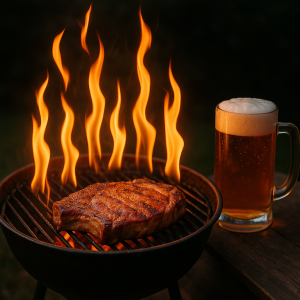 Oheň, grill, maso, pivo, oheň bude mít 8 plamínků