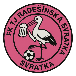 růžový kulatý znak uprostřed s čápem držícím pivo a fotbalový míč a textem kolem dokola: FK TJ RADEŠÍNSKÁ SVRATKA
