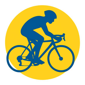 Illustration of a cyclist entirely in blue, within a yellow circle. No background