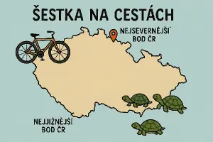 Mapa ČR s vyznačením nejsevernějšího bodu ČR a nejjižnějšího bodu ČR, nápis Šestka na cestách, jízdní kolo a tři želvy