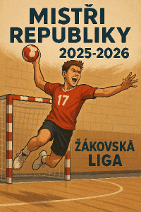 Vítězný házenkář s míčem při střelbě ve výskoku Text : MISTŘI Republiky 2025-2026 žákovská liga