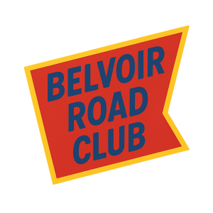 The words BELVOIR ROAD CLUB in blue, written on an angular abstract red shape with yellow border. No background