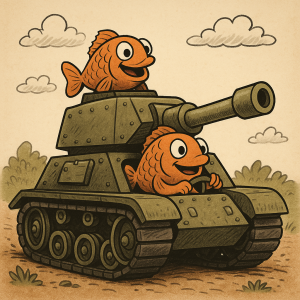 Two fish driving a armored tank