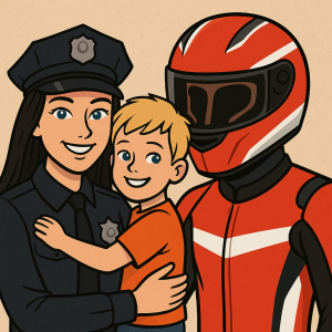 máma policistka dlouhý černý vlas úsměv modré oči syn blond objímá, táta moto závodník integrální helma kreslený portrét