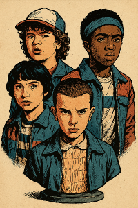 Komiksový styl, skupina postav ze Stranger Things, busta.
