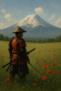 Samuraj na louce a na pozadi hora Fuji
