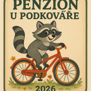 název Penzion u podkováře 2026veselý motiv kola, mývala