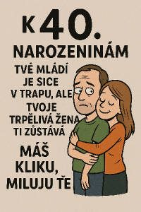 K 40. narozeninám: Tvé mládí je sice v trapu, ale tvoje trpělivá žena ti zůstává. Máš kliku, miluju tě!