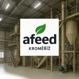 Firma afeed logo a k tomu pozadí výrobních prostor v Kroměříži