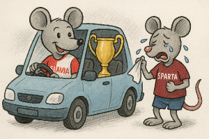 Kreslena myš v dres Slavia řídí auto, v autě je pohar pro viteze. Myš v dresu sparta mava s bilim kapesnikem a breči