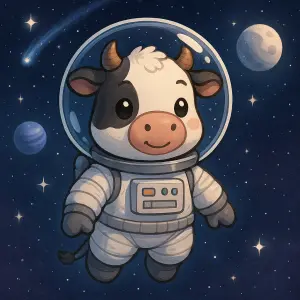 chci roztomilou krávu v astronautském oblečení, v prostředí vesmíru