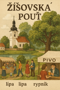 Žíšovská pouť, bez datumu, v pozadí kostel, lípa a rybník, bez kolotoče, stánku, stánek s pivem