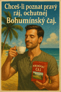 Musí tam být text:" Chceš-li poznat pravý ráj, ochutnej Bohumínský čaj." K tomu mi navrhni obrázek. Obrázek je pro muže.