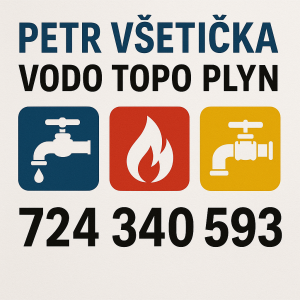 název mé firmy PETR VŠETIČKA VODO TOPO PLYN, TELEFON 724340593 A VHODNÝ OBRÁZEK