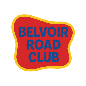 The words BELVOIR ROAD CLUB in blue, written on an abstract red shape with yellow border. No background