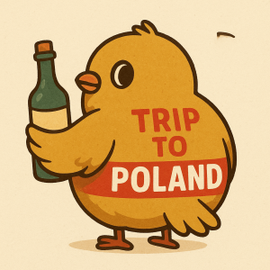 Trip to Poland Borb jak drží v ruce flašku alkoholu na zadní části nápis Trip to Poland v polských barvách