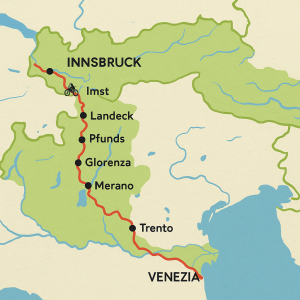 cyklo mapa Via Claudia Augusta propojující Innsbruck, Imst, Landeck, Pfunds, Nauders, Glorenza, Merano, Trento, Venezia